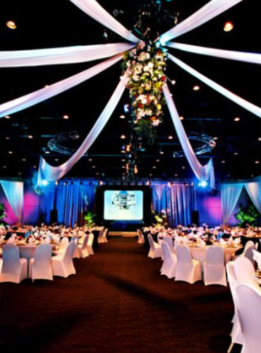 An event setup with decor and lights
