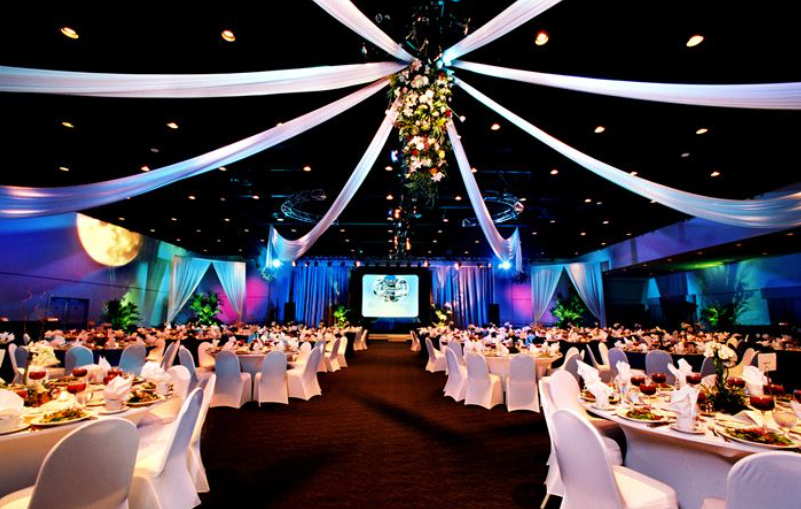 An event setup with decor and lights