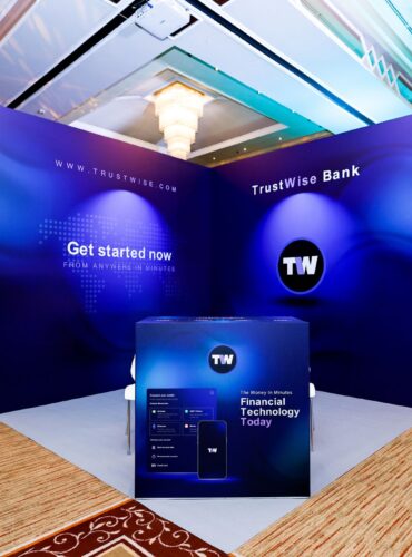 Event exhibits with booths and displays set up at a corporate exhibition.
