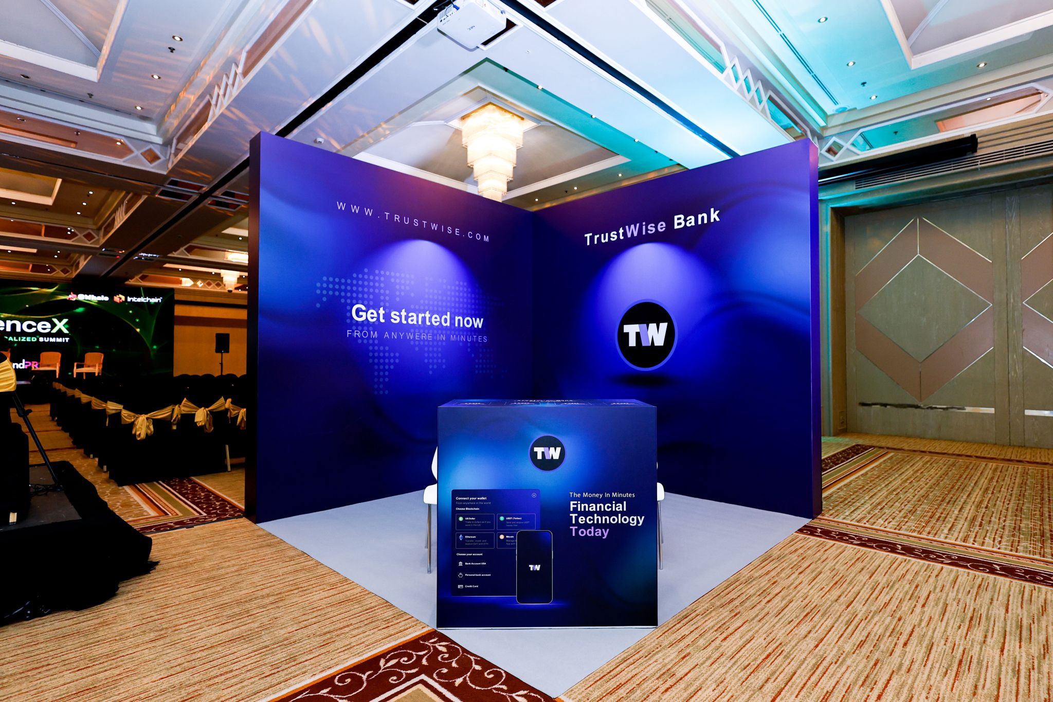 Event exhibits with booths and displays set up at a corporate exhibition.