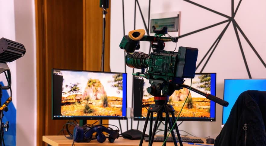 Professional video camera on a stand with monitors on a table.