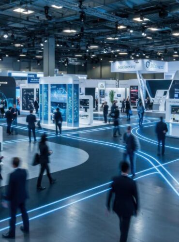 Large technology exhibition hall featuring modern trade show booths, LED-lit walkways, digital displays, and business professionals networking and exploring exhibits at an industry event.