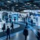 Large technology exhibition hall featuring modern trade show booths, LED-lit walkways, digital displays, and business professionals networking and exploring exhibits at an industry event.