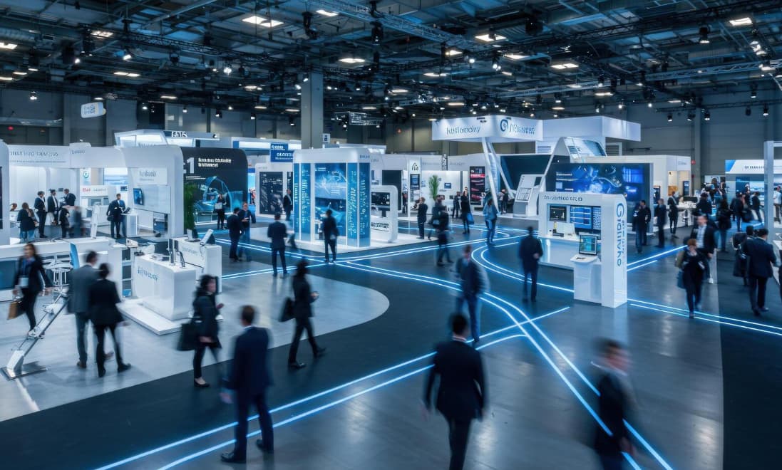 Large technology exhibition hall featuring modern trade show booths, LED-lit walkways, digital displays, and business professionals networking and exploring exhibits at an industry event.